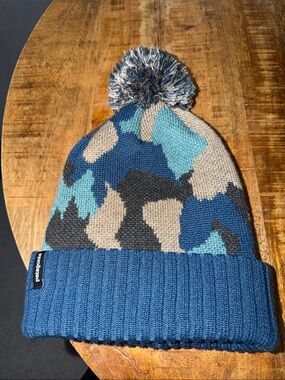 AdultCamouflage Pom Beanie - Blue, Teal & Tan